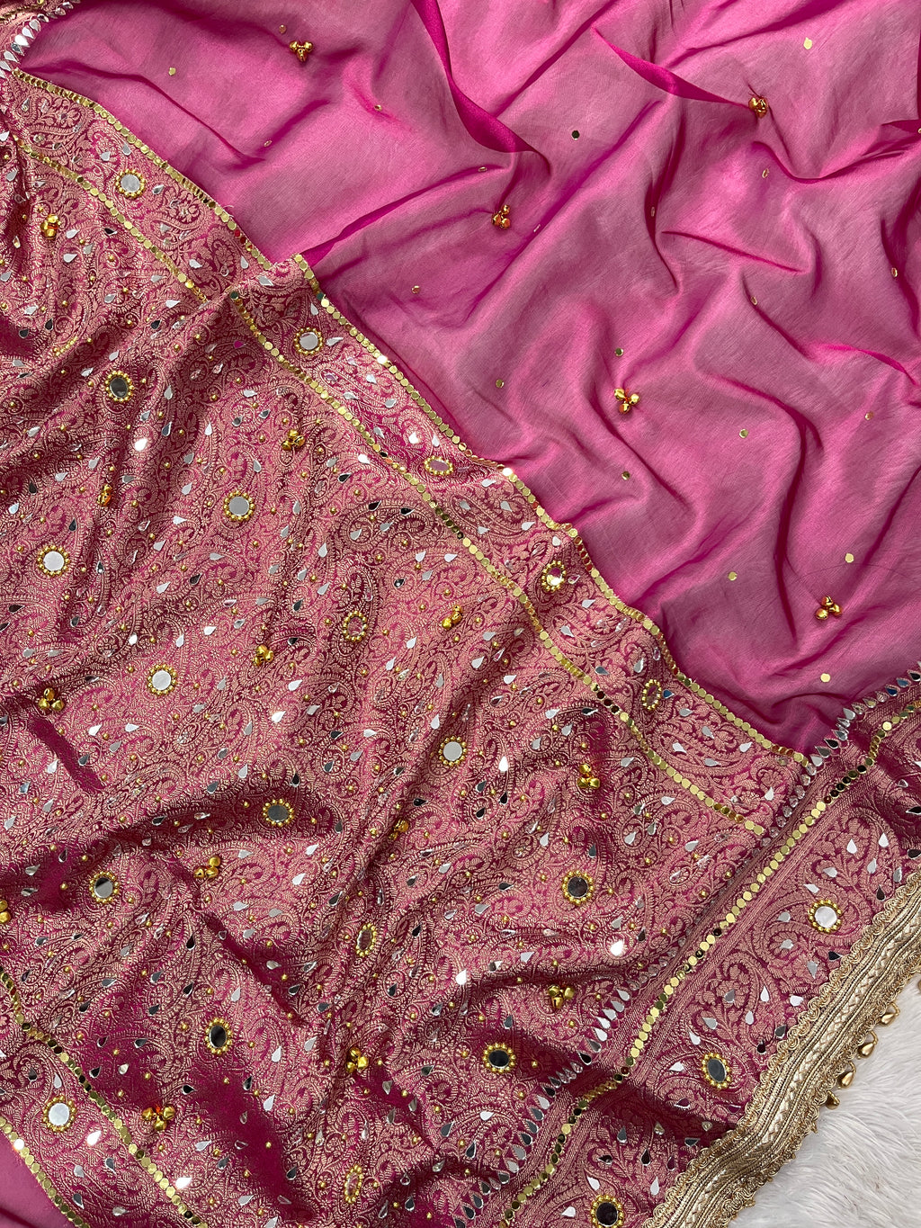 Rani Tissue Silk Saree With Ghungroo & Mirror Work Designer Border Lace Saree