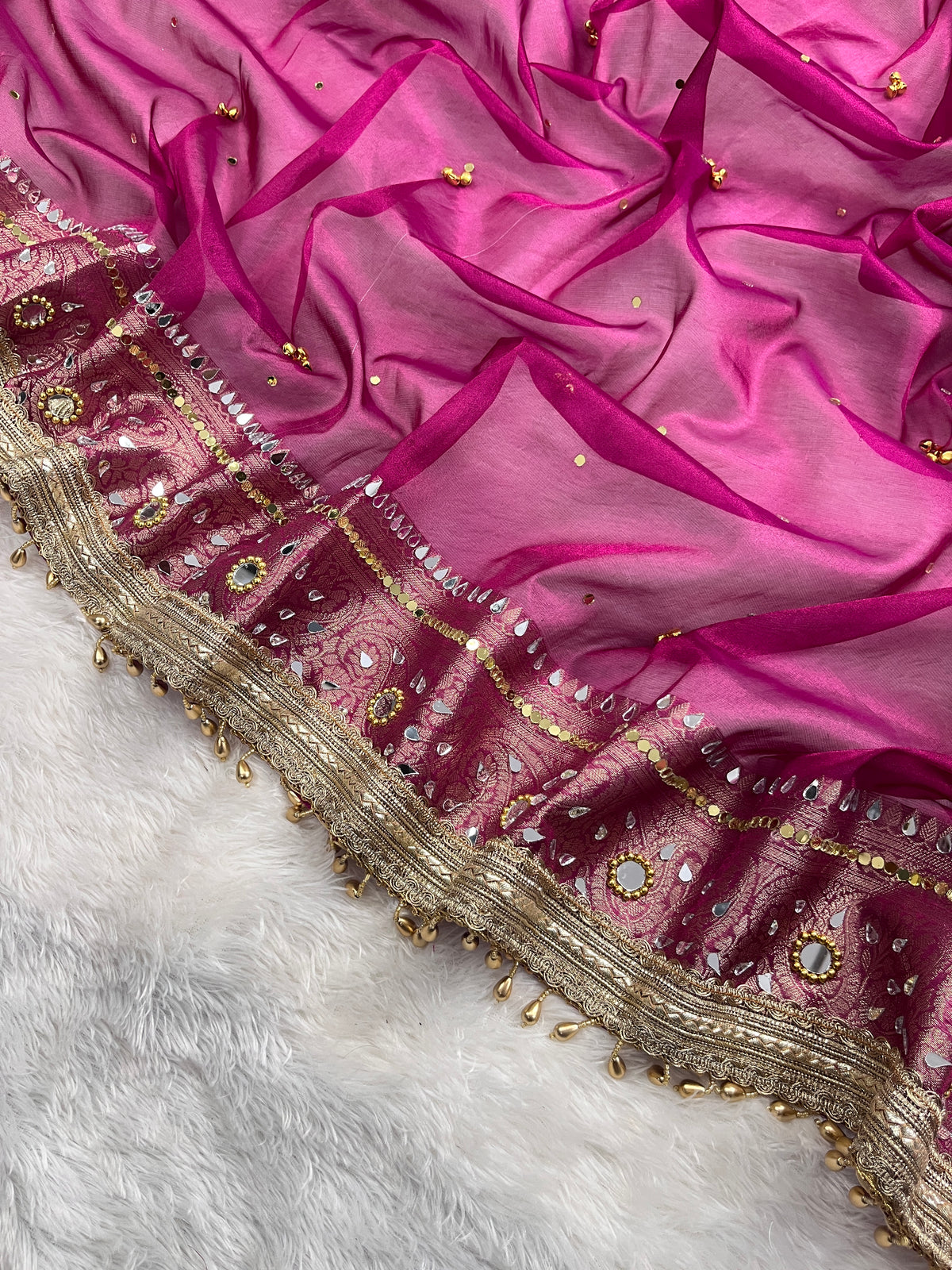Rani Tissue Silk Saree With Ghungroo & Mirror Work Designer Border Lace Saree