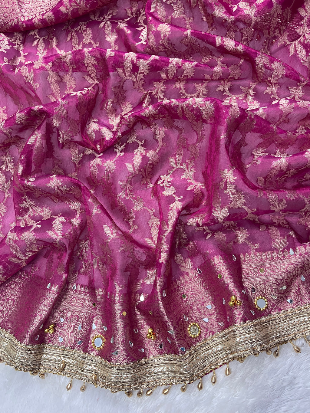 Rani Tissue Silk Saree With Ghungroo & Mirror Work Designer Border Lace Saree