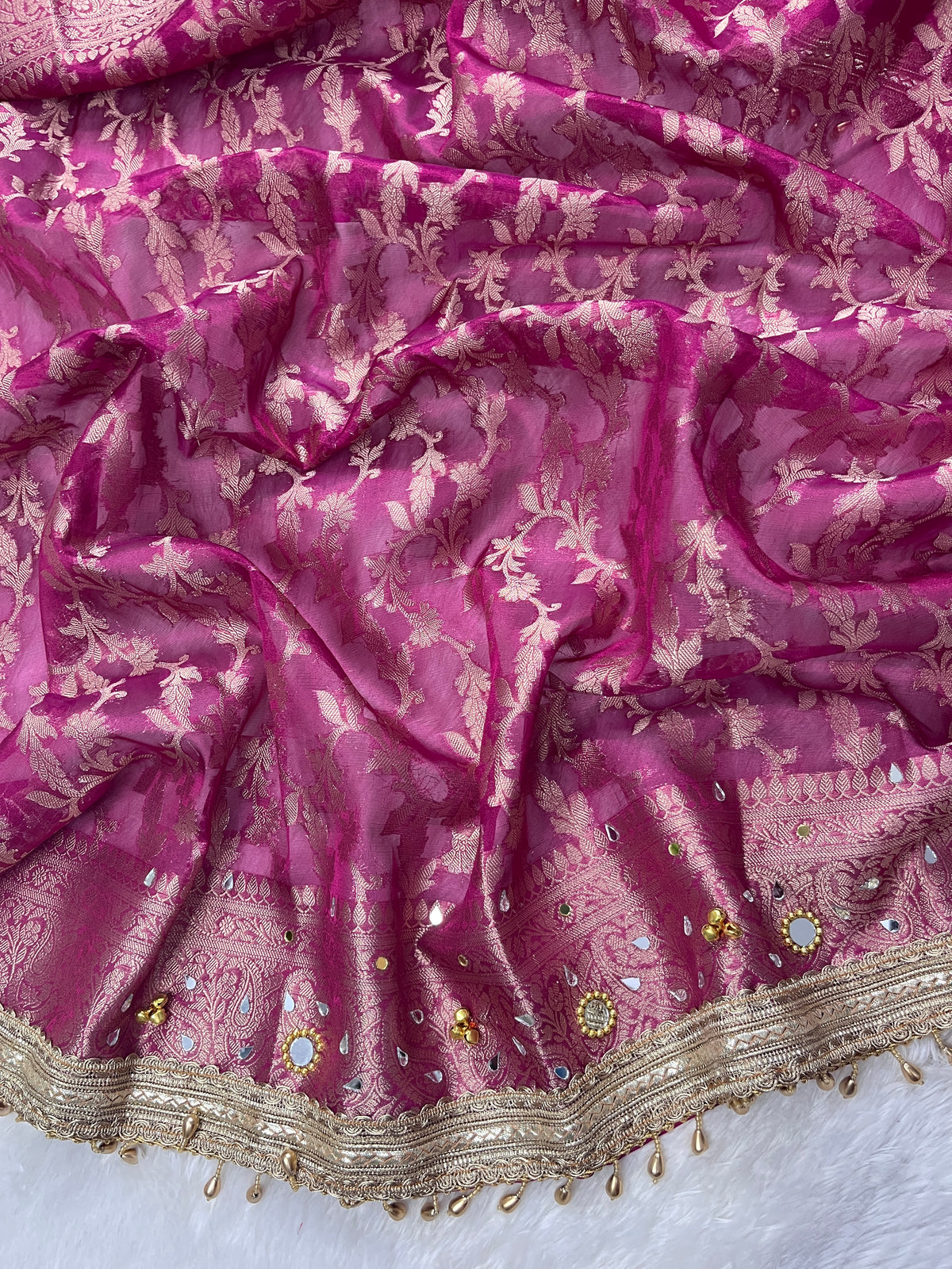 Rani Tissue Silk Saree With Ghungroo & Mirror Work Designer Border Lace Saree