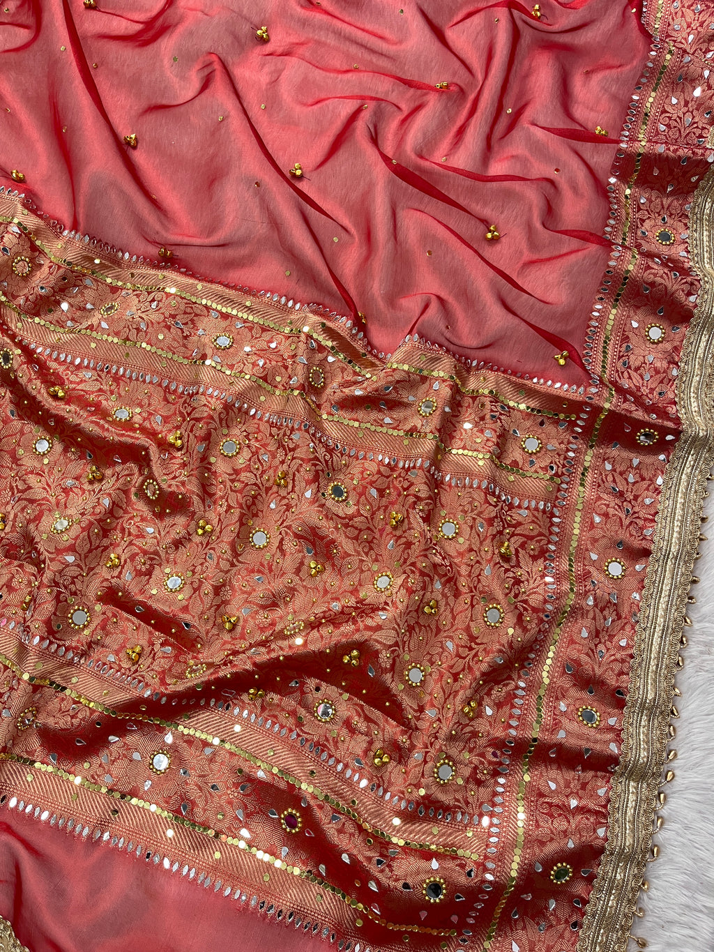 Red Tissue Silk Saree With Ghungroo & Mirror Work Designer Border Lace Work