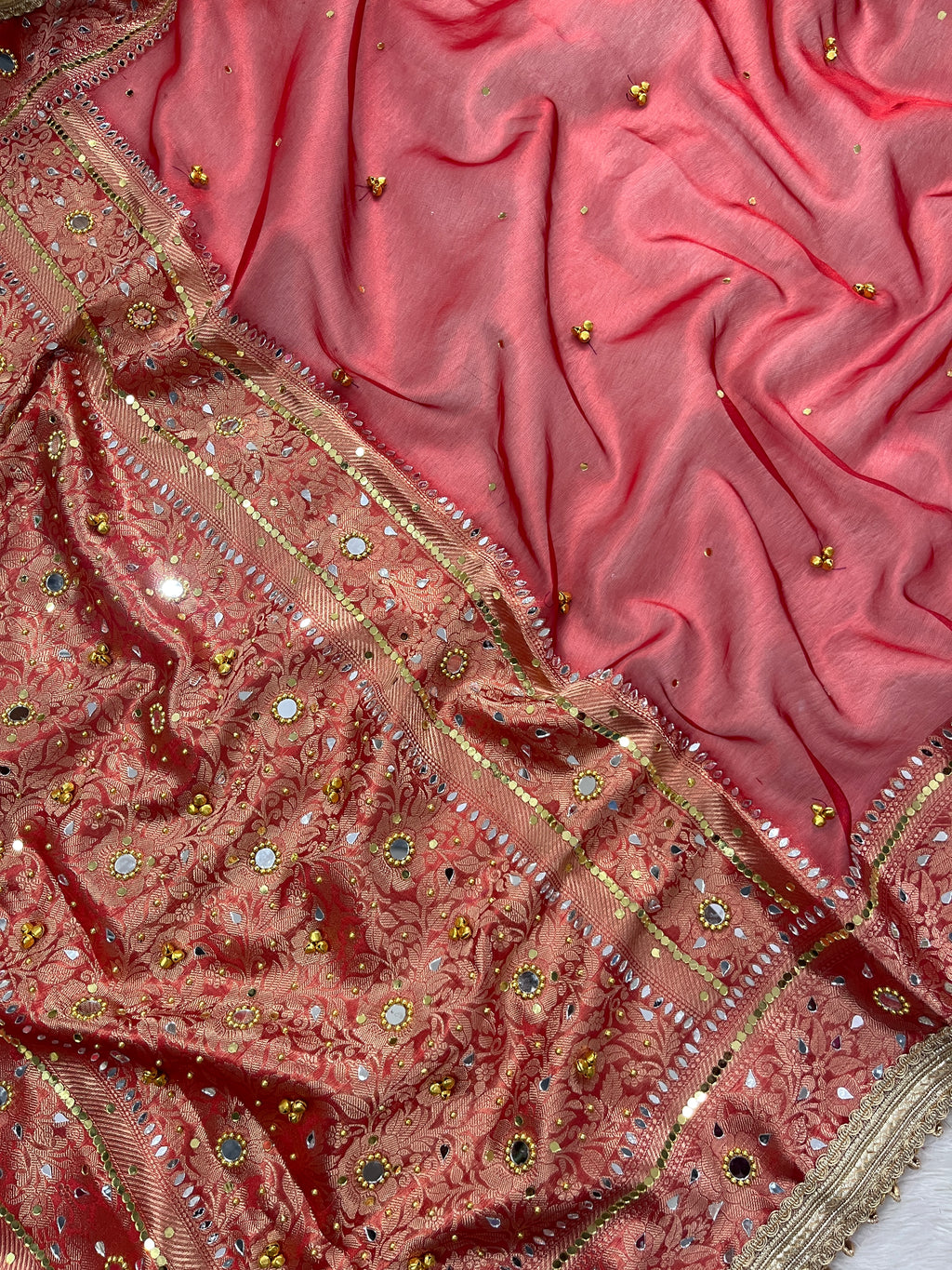 Red Tissue Silk Saree With Ghungroo & Mirror Work Designer Border Lace Work