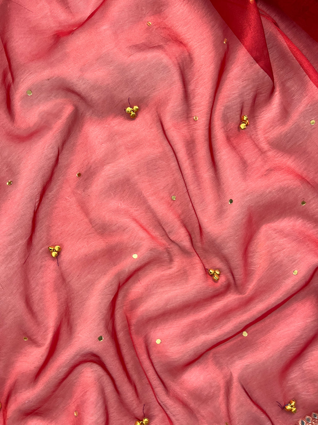 Red Tissue Silk Saree With Ghungroo & Mirror Work Designer Border Lace Work