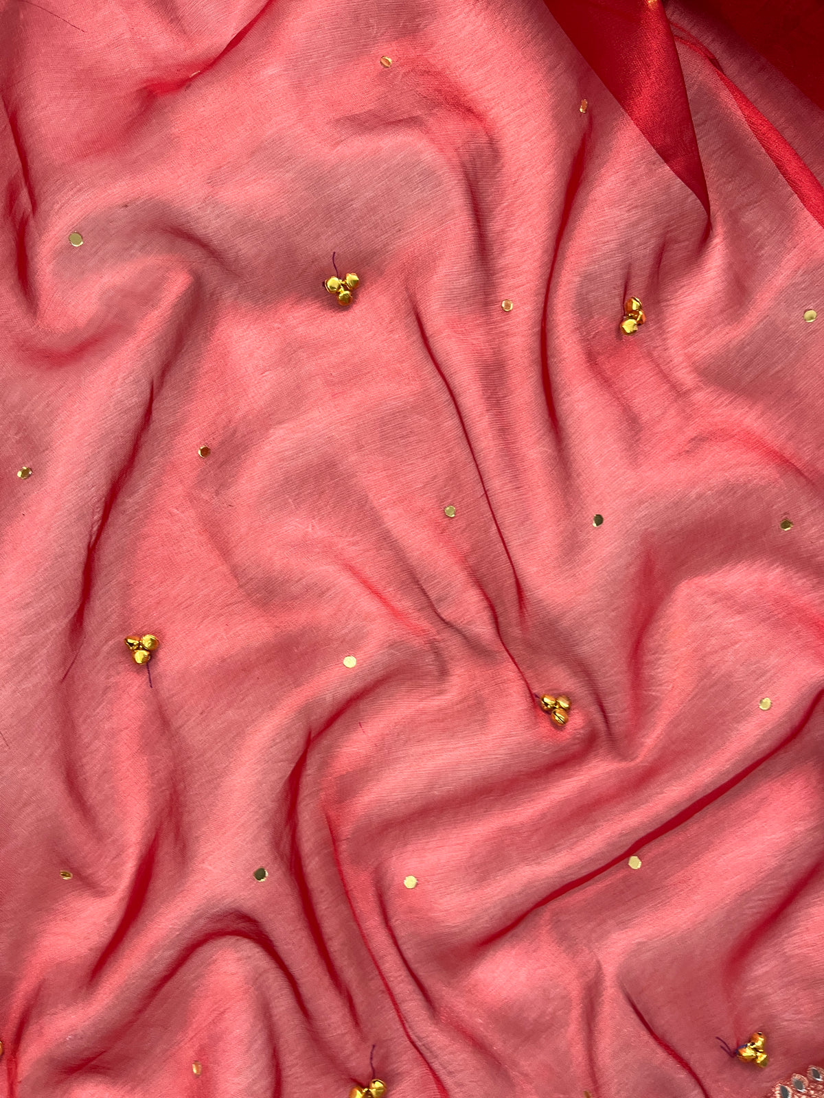 Red Tissue Silk Saree With Ghungroo & Mirror Work Designer Border Lace Work