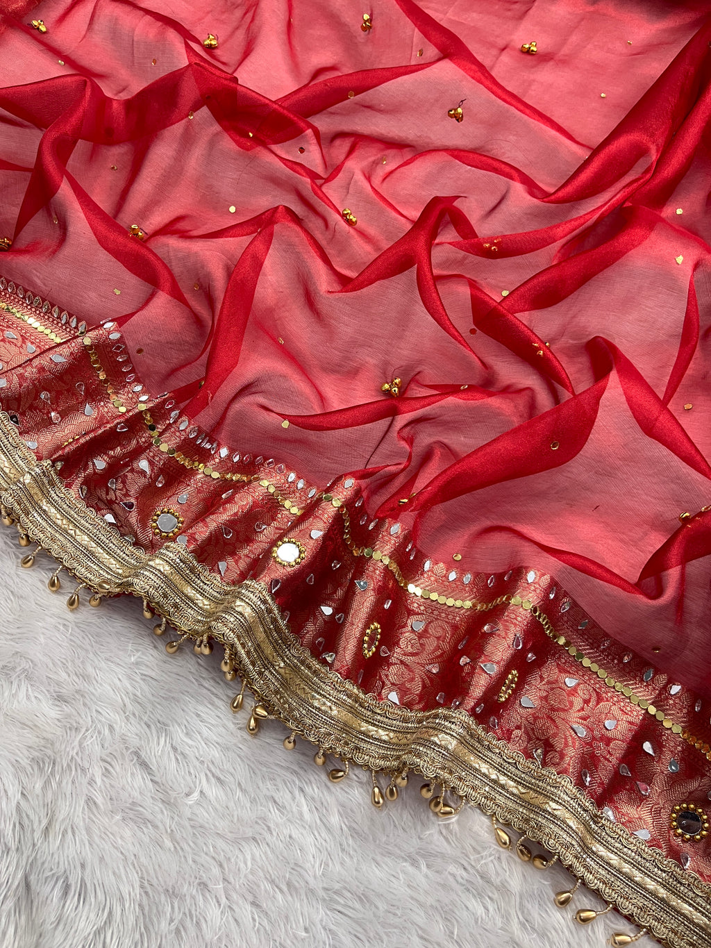 Red Tissue Silk Saree With Ghungroo & Mirror Work Designer Border Lace Work