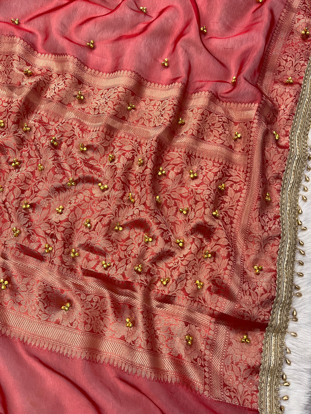 Red Tissue Silk Saree With Golden Ghungroo Butti Work & Luxurious Lace Border Saree