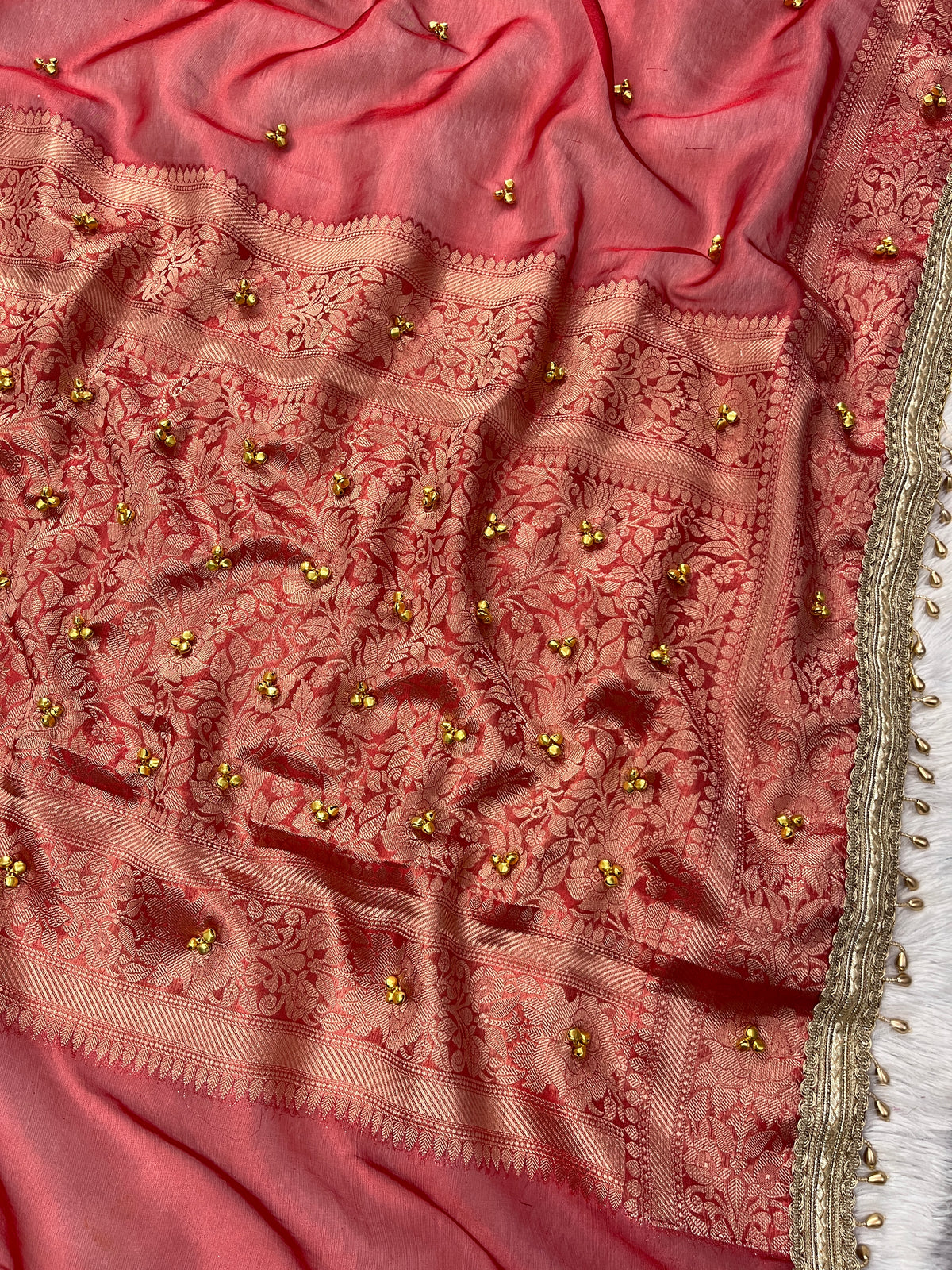 Red Tissue Silk Saree With Golden Ghungroo Butti Work & Luxurious Lace Border Saree