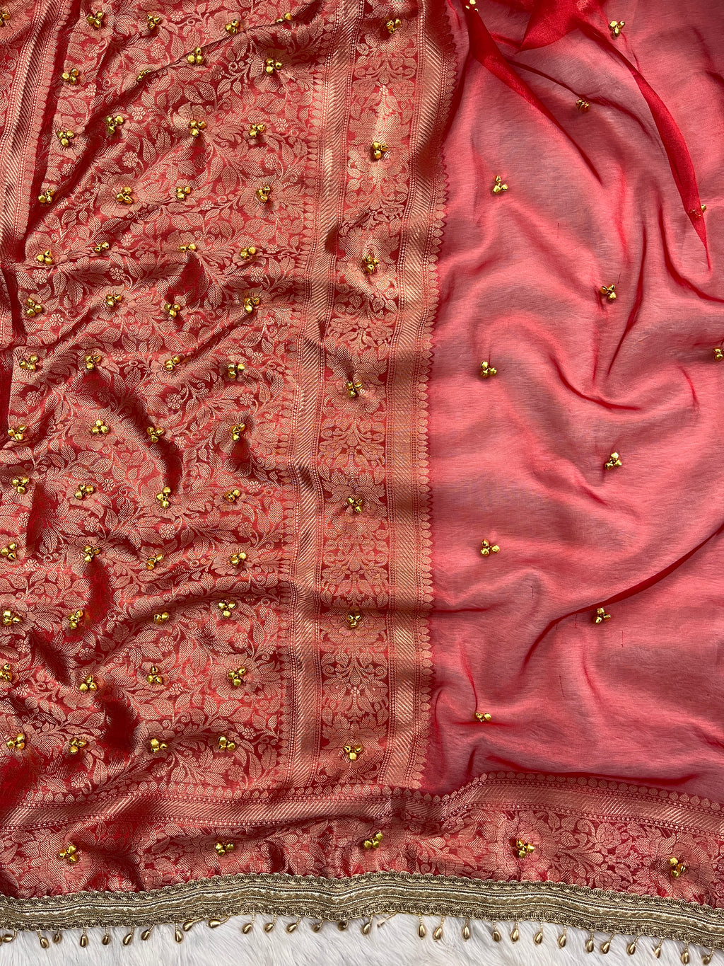 Red Tissue Silk Saree With Golden Ghungroo Butti Work & Luxurious Lace Border Saree