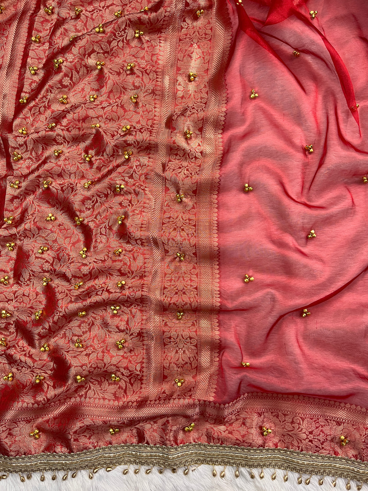 Red Tissue Silk Saree With Golden Ghungroo Butti Work & Luxurious Lace Border Saree