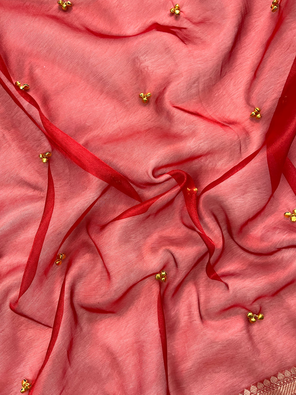 Red Tissue Silk Saree With Golden Ghungroo Butti Work & Luxurious Lace Border Saree