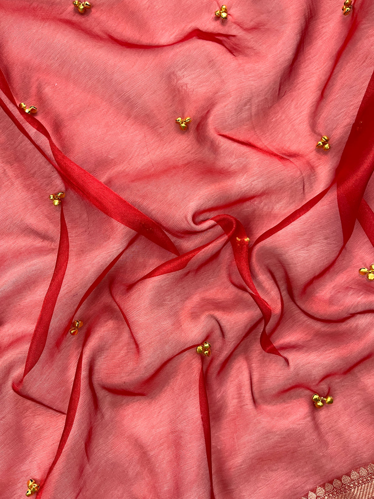 Red Tissue Silk Saree With Golden Ghungroo Butti Work & Luxurious Lace Border Saree
