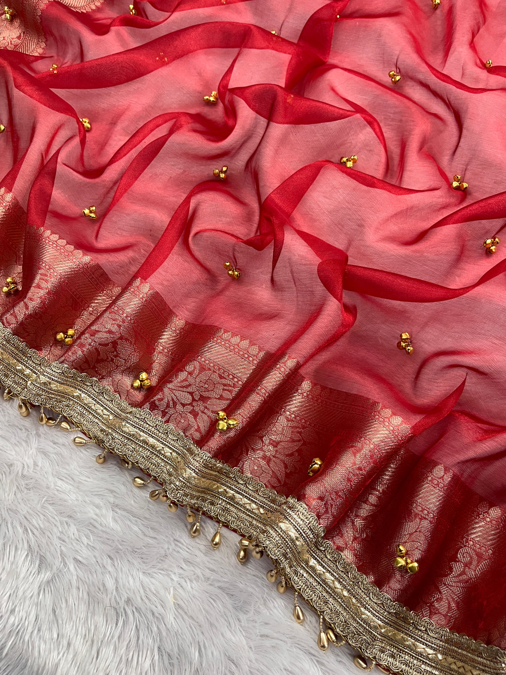 Red Tissue Silk Saree With Golden Ghungroo Butti Work & Luxurious Lace Border Saree