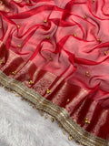 Red Tissue Silk Saree With Golden Ghungroo Butti Work & Luxurious Lace Border Saree