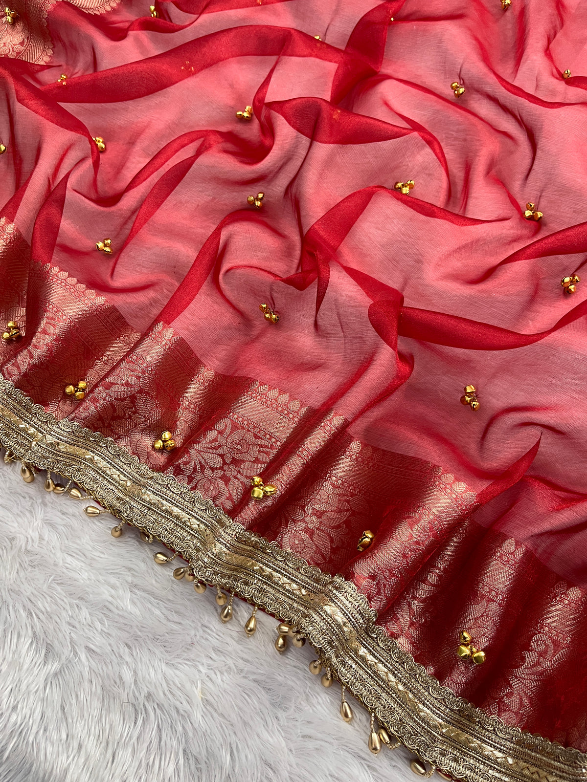 Red Tissue Silk Saree With Golden Ghungroo Butti Work & Luxurious Lace Border Saree