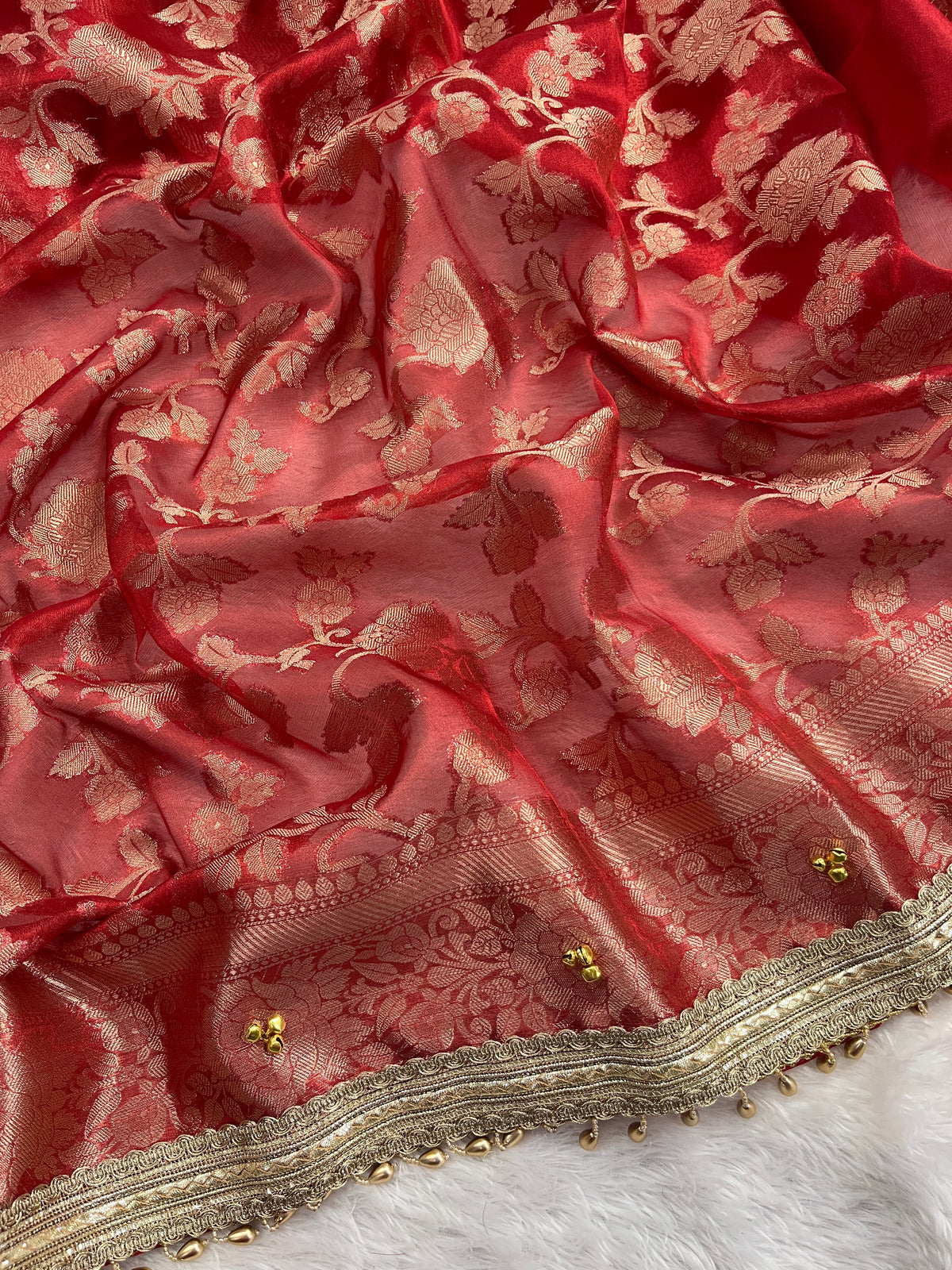 Red Tissue Silk Saree With Golden Ghungroo Butti Work & Luxurious Lace Border Saree
