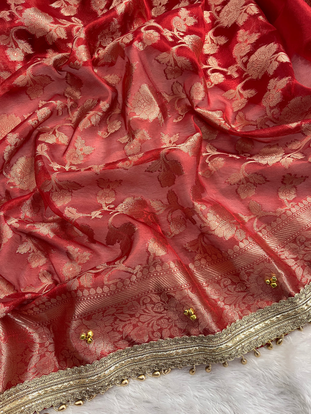 Red Tissue Silk Saree With Ghungroo & Mirror Work Designer Border Lace Work