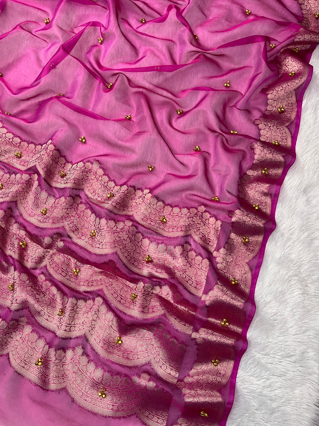Rani Tissue Silk Saree With Ghungroo Butti Work & Luxurious Border