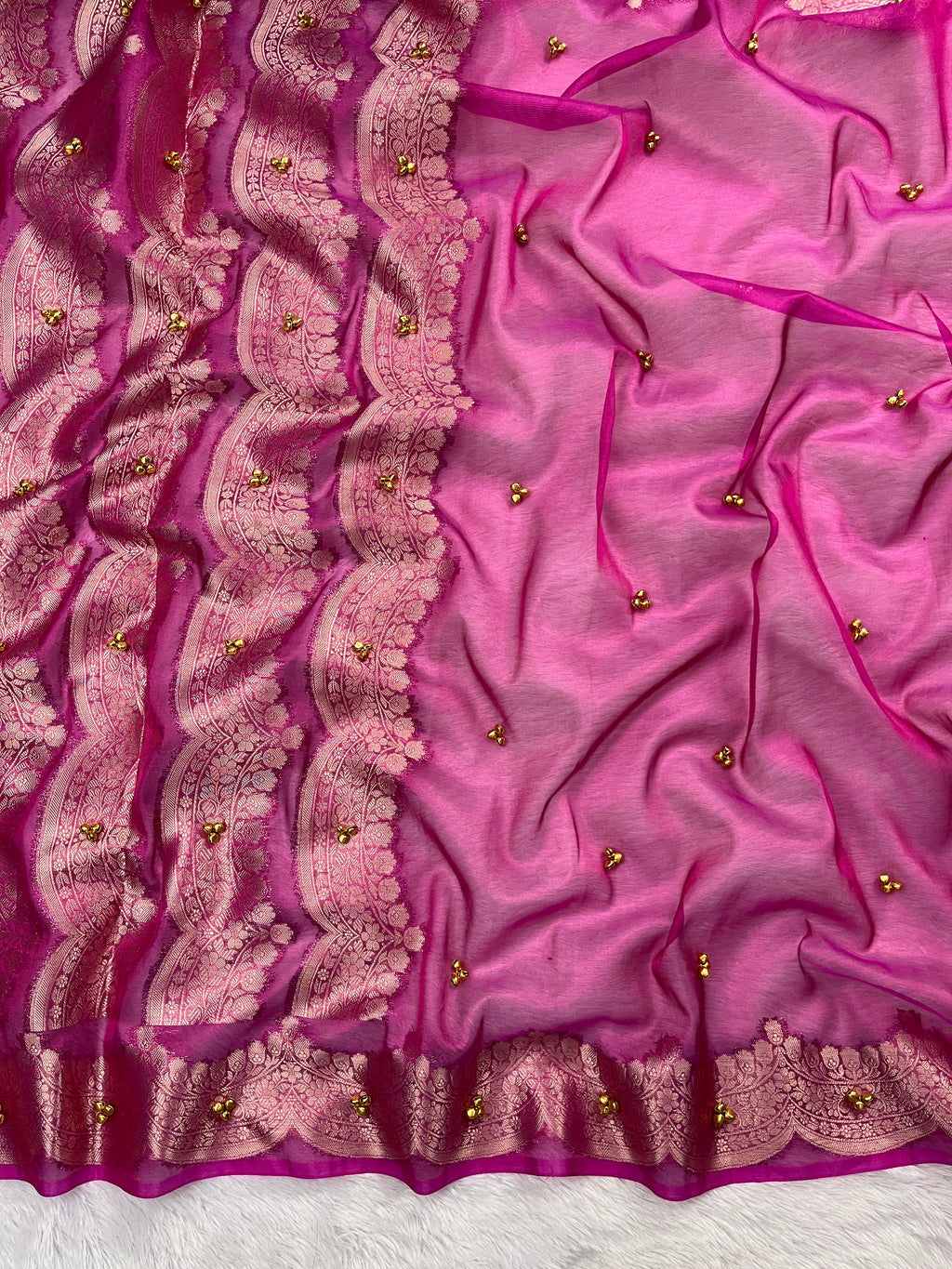 Rani Tissue Silk Saree With Ghungroo Butti Work & Luxurious Border