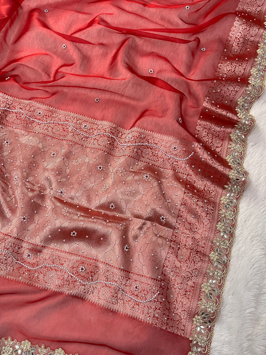 Red Tissue Silk Saree With Beautiful Pearl Work & Designer Border Lace Saree