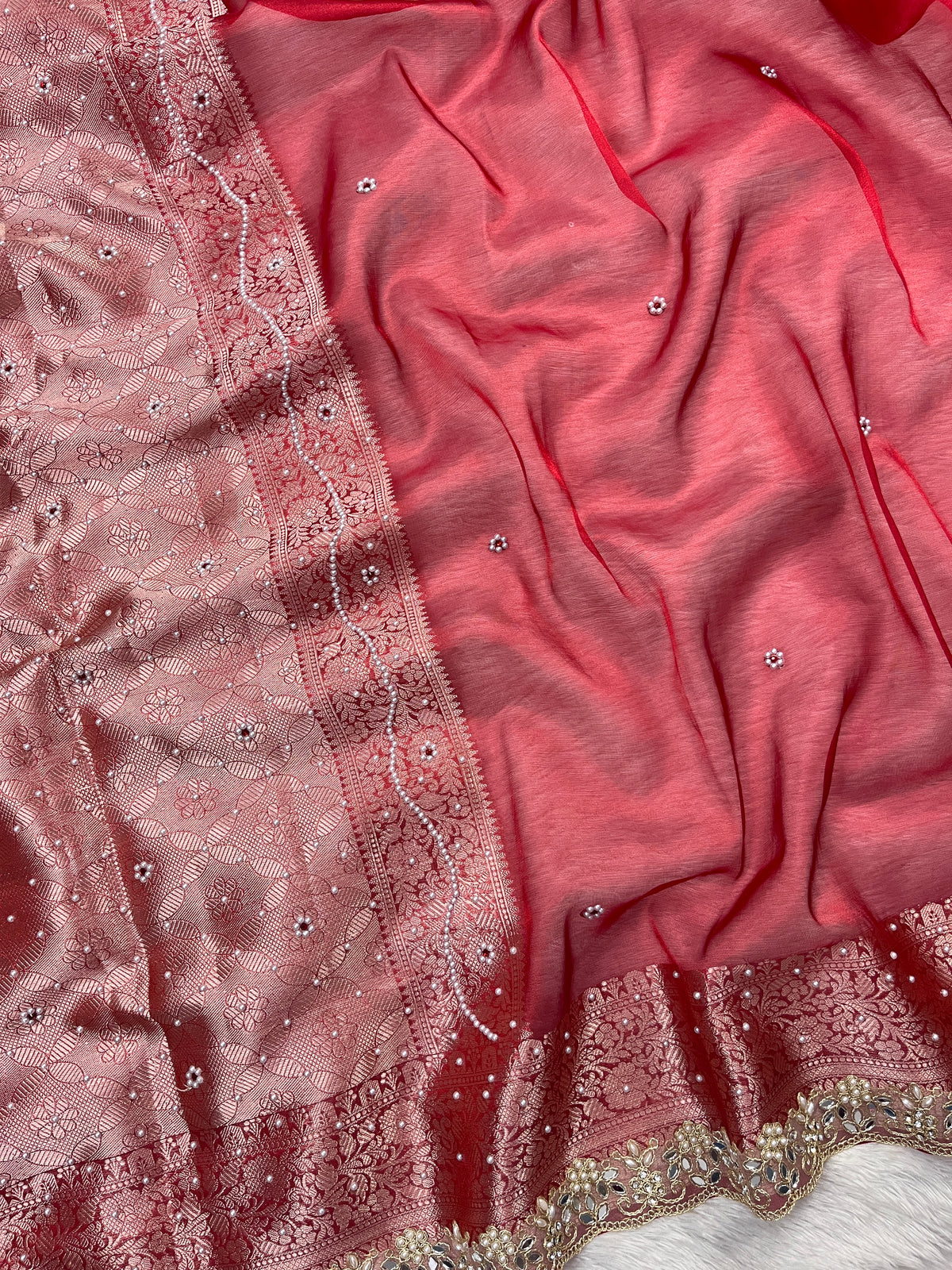 Red Tissue Silk Saree With Beautiful Pearl Work & Designer Border Lace Saree