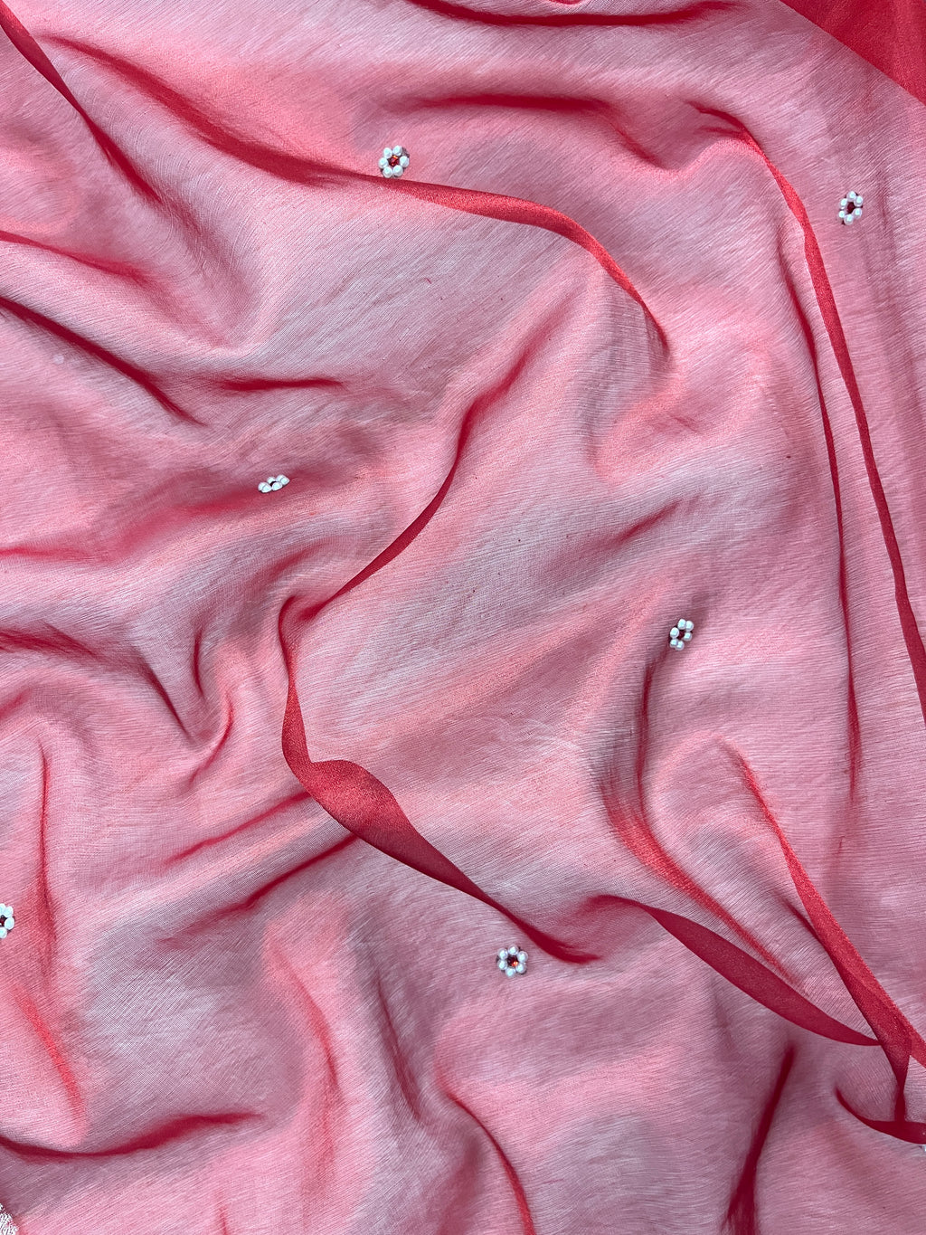 Red Tissue Silk Saree With Beautiful Pearl Work & Designer Border Lace Saree