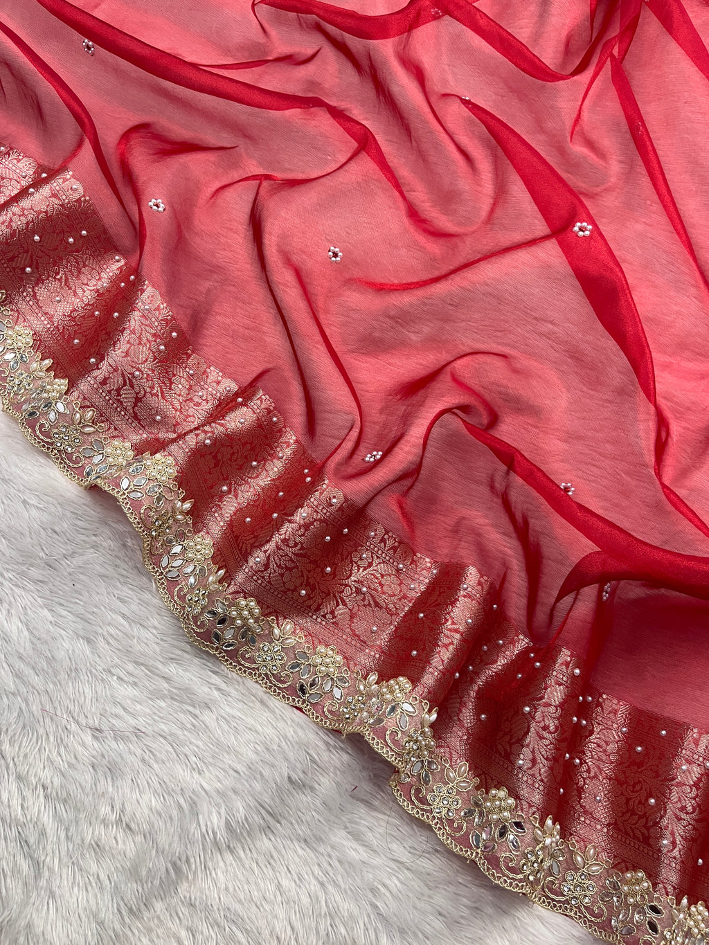 Red Tissue Silk Saree With Beautiful Pearl Work & Designer Border Lace Saree