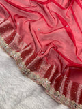 Red Tissue Silk Saree With Beautiful Pearl Work & Designer Border Lace Saree