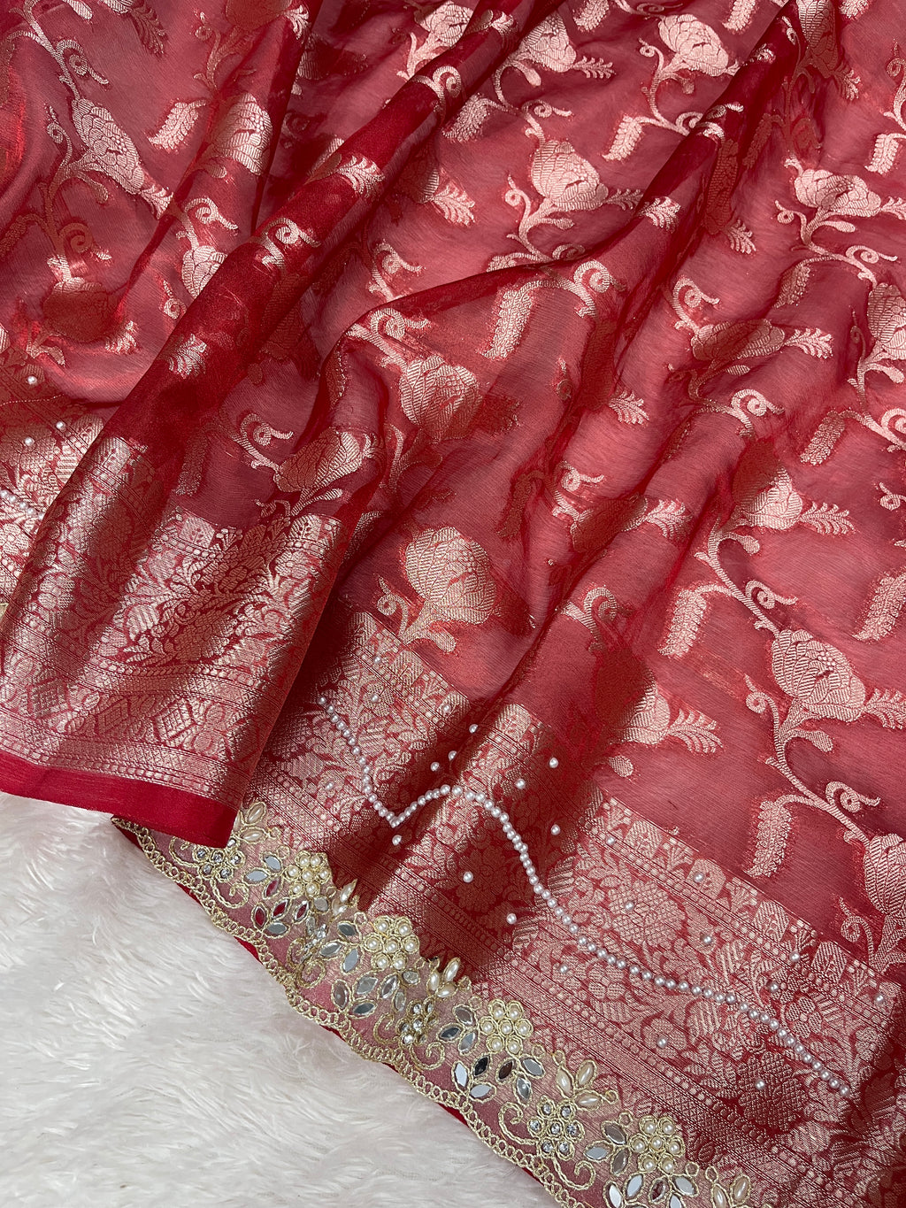 Red Tissue Silk Saree With Beautiful Pearl Work & Designer Border Lace Saree