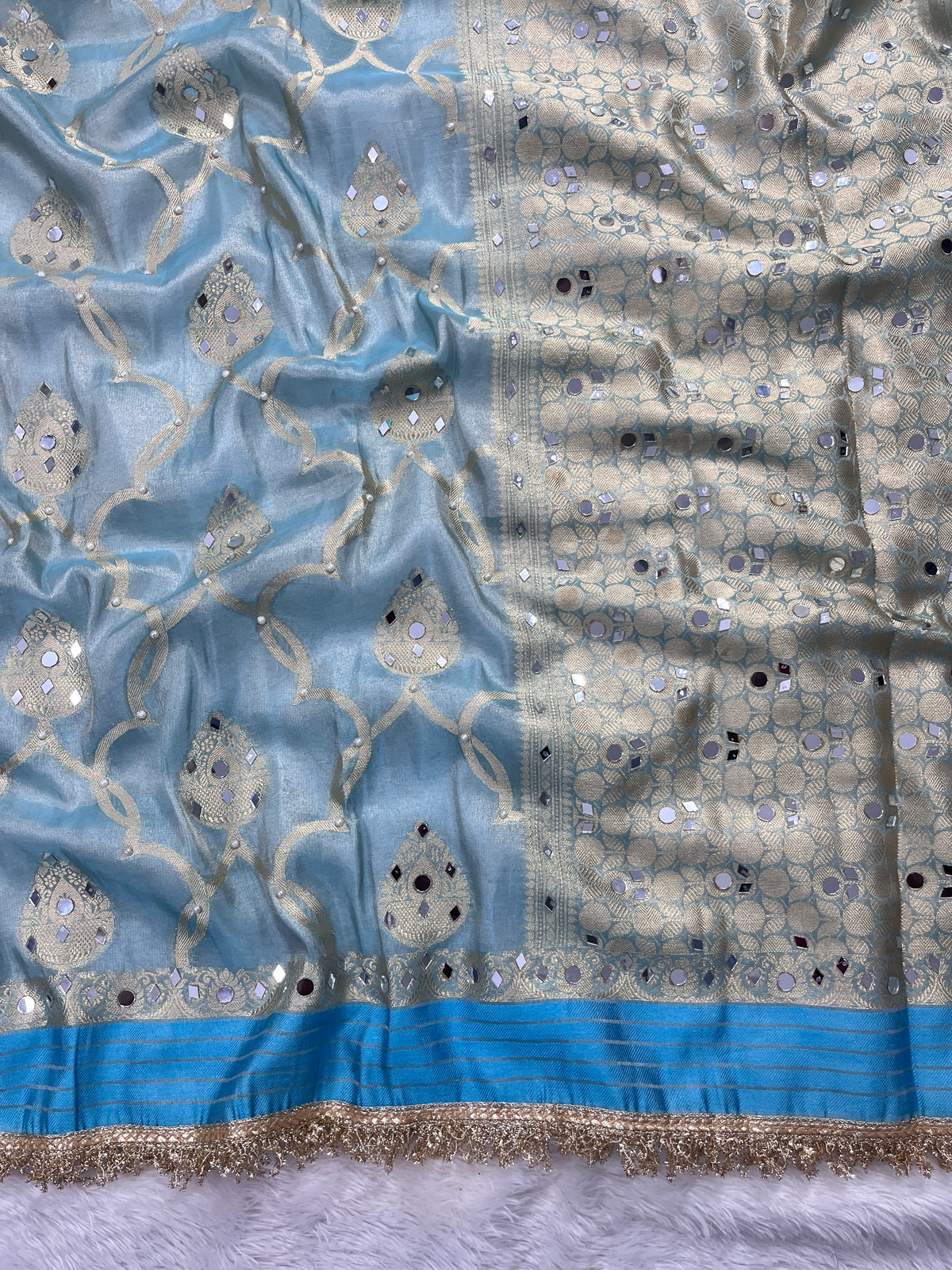 Firozi Tissue Katan Silk Saree With Mirror & Pearl Work Designer Border Lace Saree
