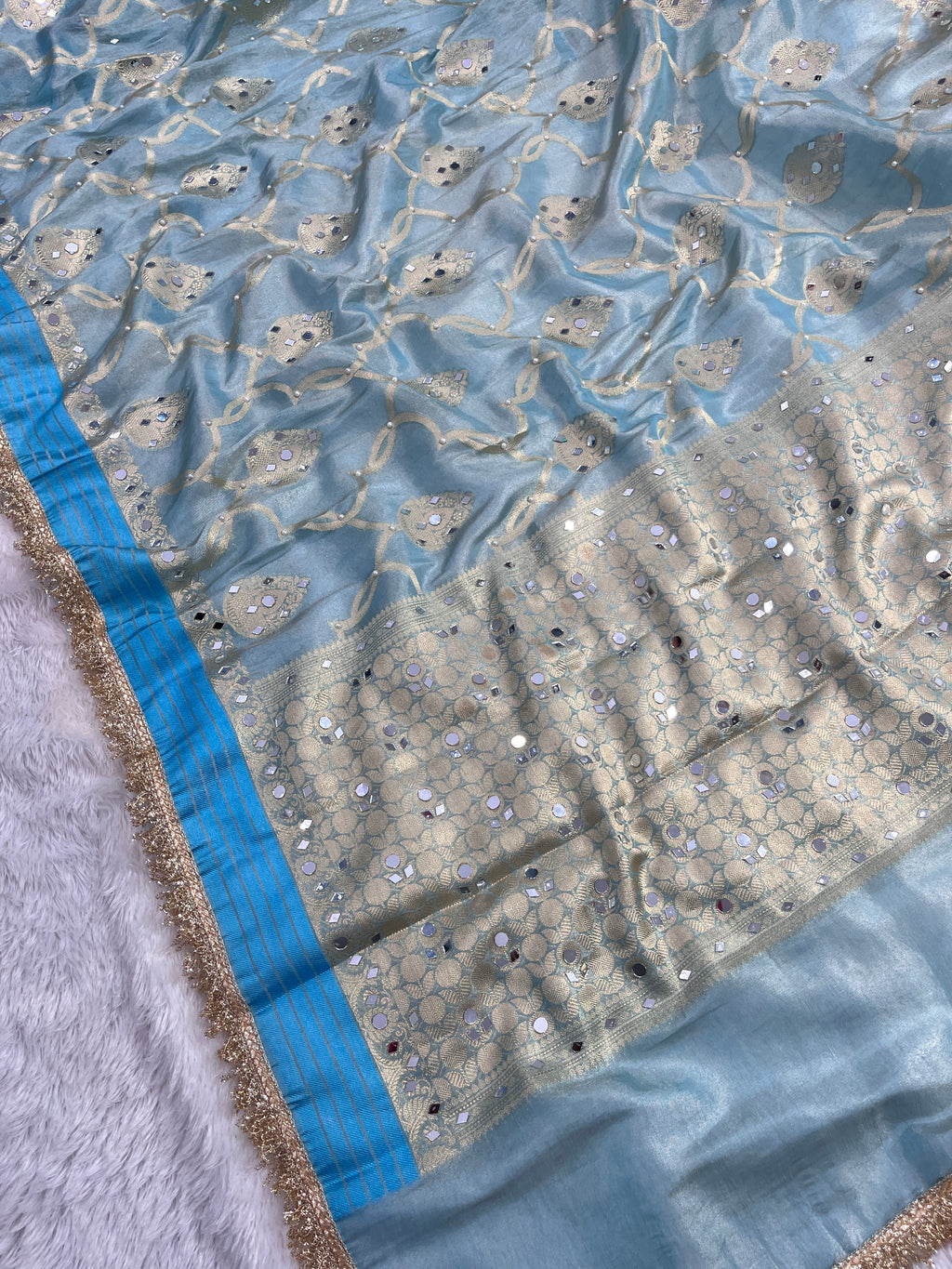 Firozi Tissue Katan Silk Saree With Mirror & Pearl Work Designer Border Lace Saree