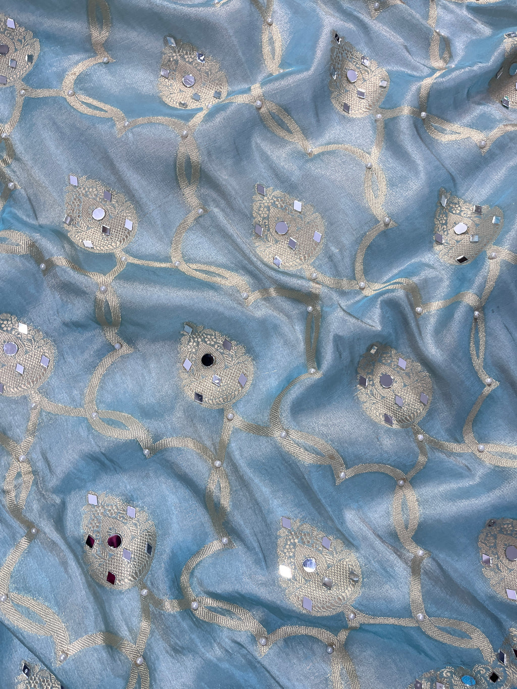Firozi Tissue Katan Silk Saree With Mirror & Pearl Work Designer Border Lace Saree