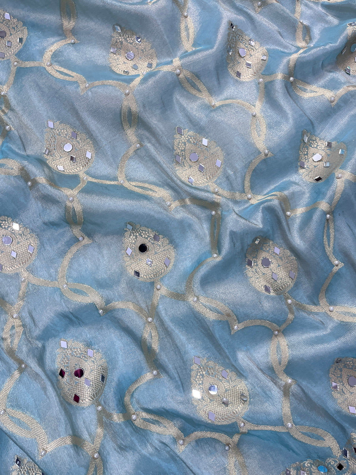 Firozi Tissue Katan Silk Saree With Mirror & Pearl Work Designer Border Lace Saree