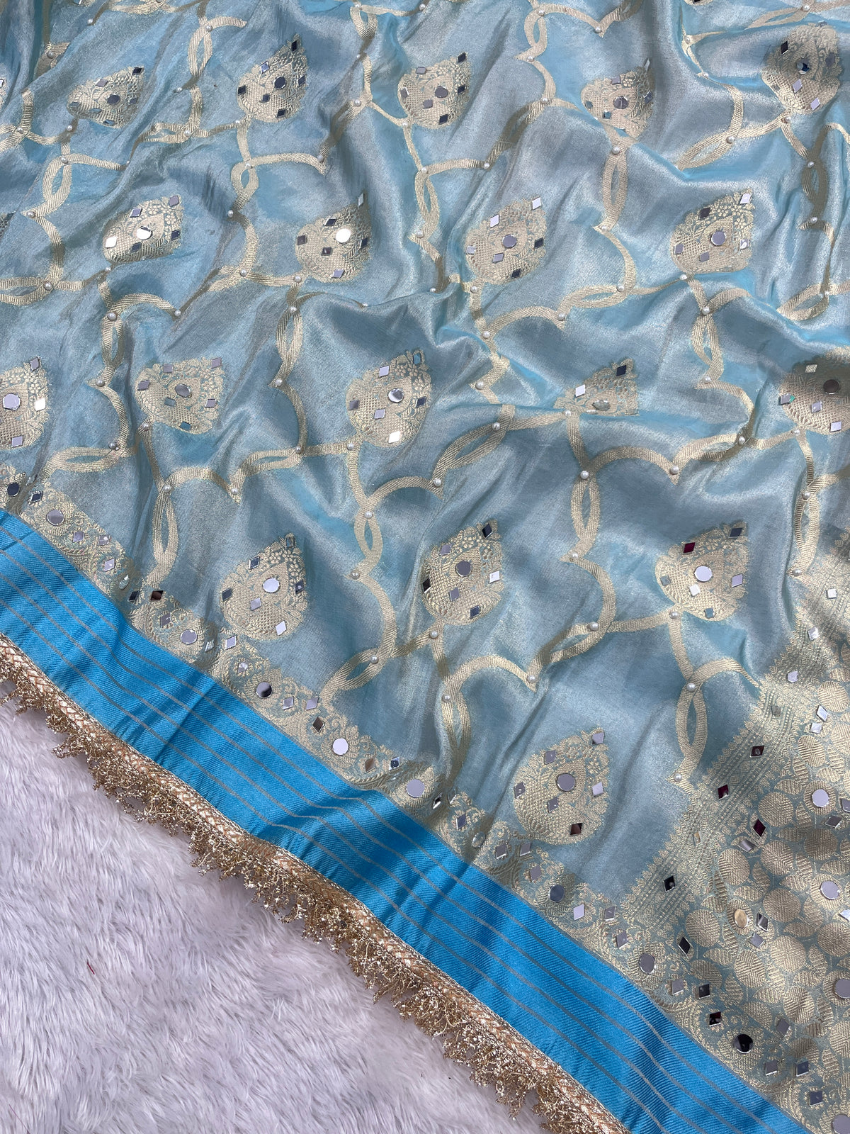 Firozi Tissue Katan Silk Saree With Mirror & Pearl Work Designer Border Lace Saree