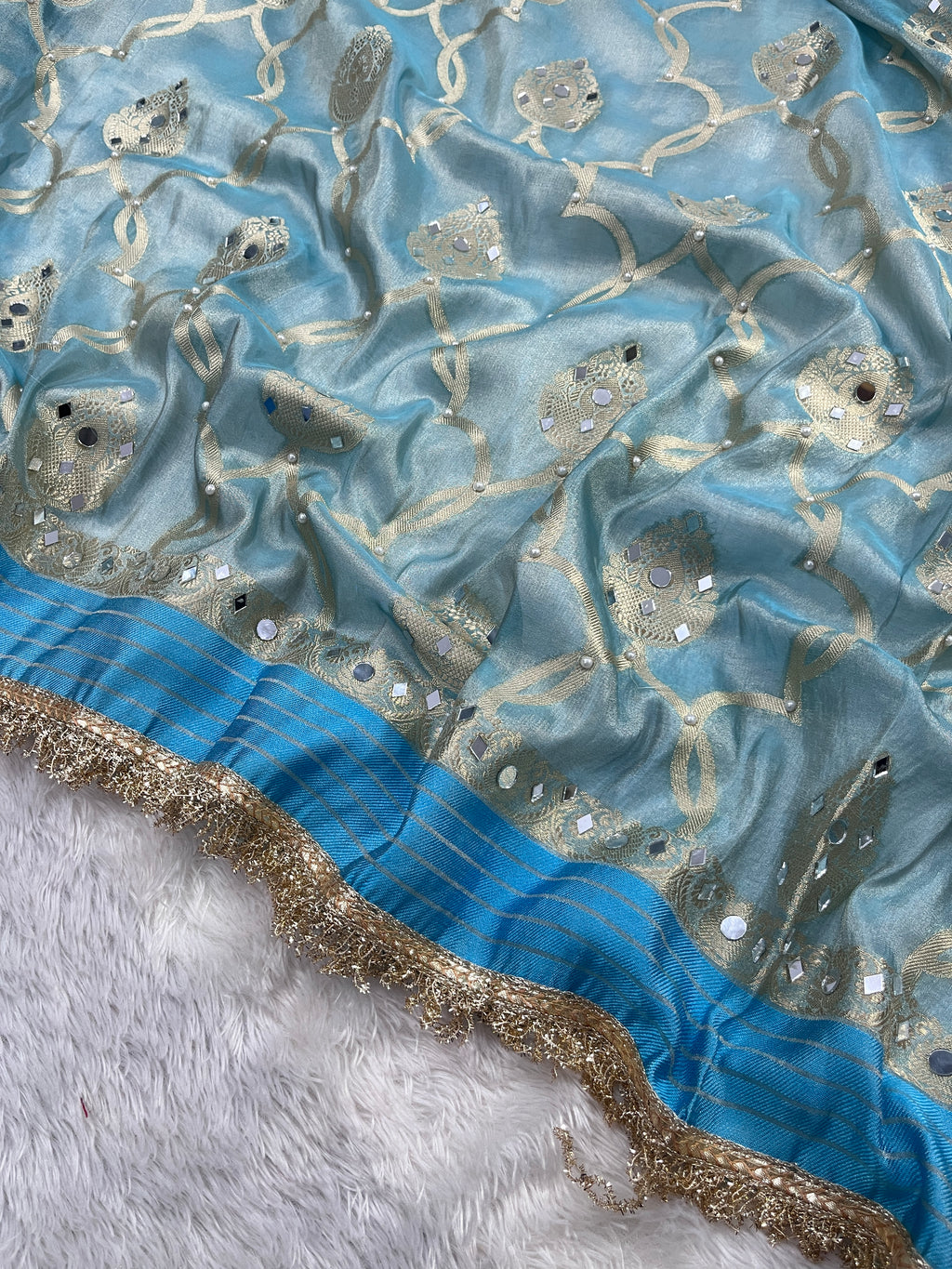 Firozi Tissue Katan Silk Saree With Mirror & Pearl Work Designer Border Lace Saree