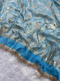 Firozi Tissue Katan Silk Saree With Mirror & Pearl Work Designer Border Lace Saree