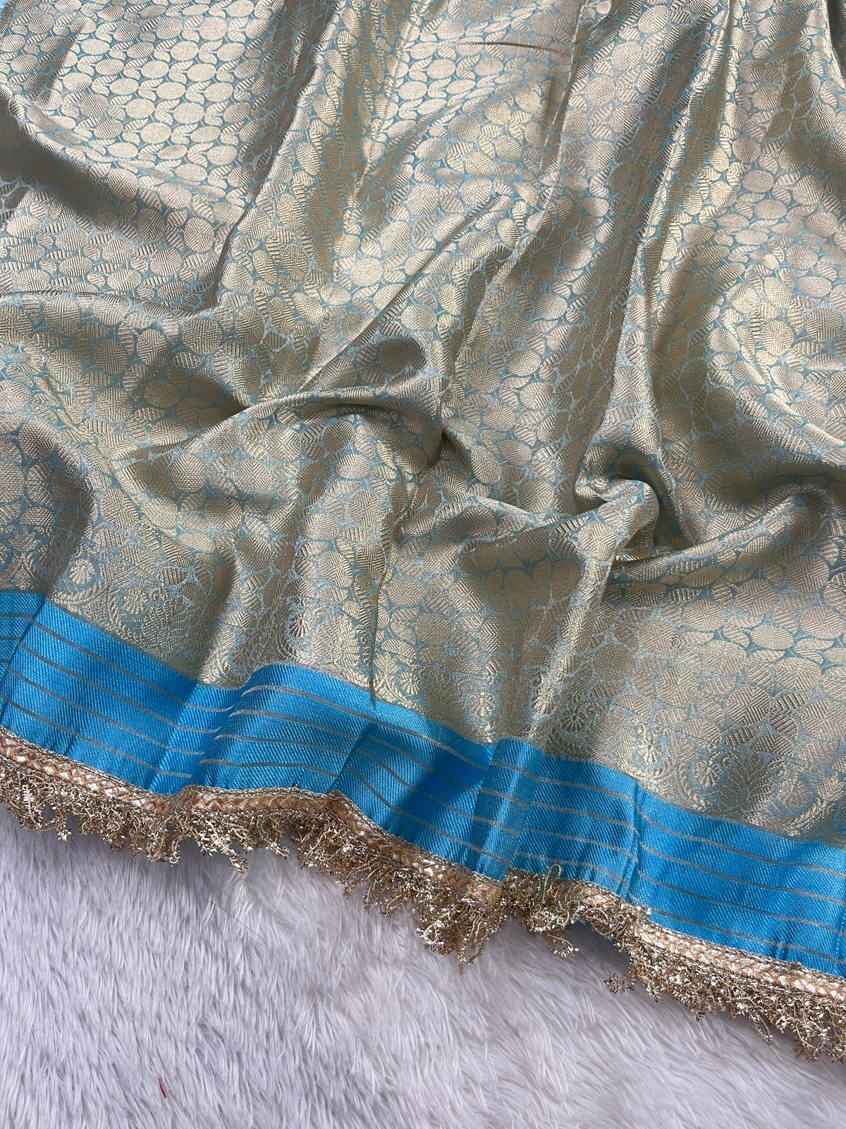 Firozi Tissue Katan Silk Saree With Mirror & Pearl Work Designer Border Lace Saree
