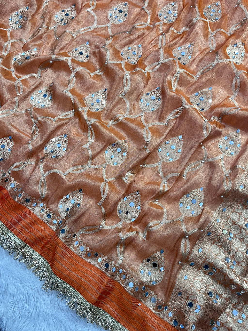 Orange Tissue Katan Silk Saree With Mirror & Pearl Work Designer Border Lace Saree