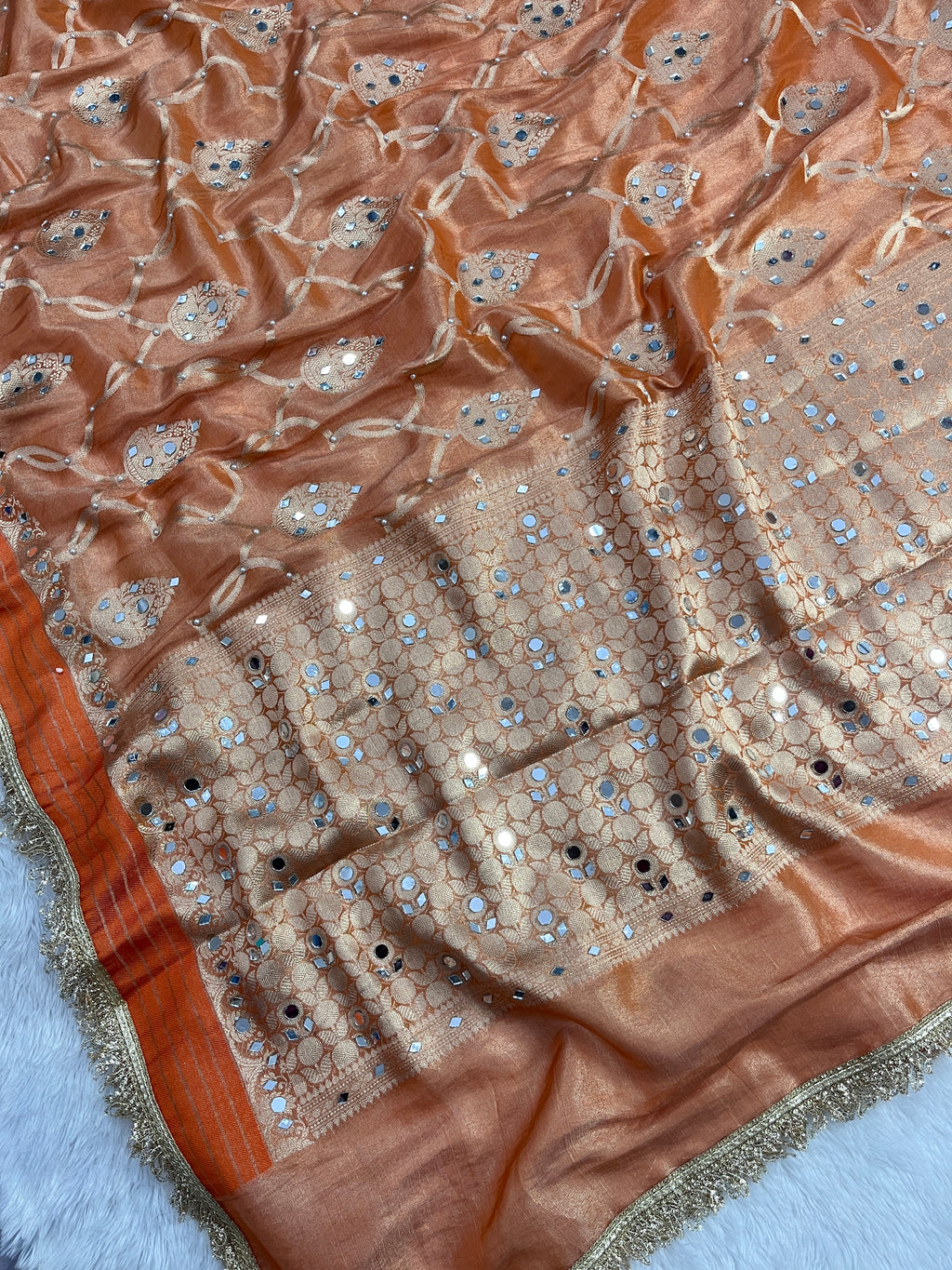 Orange Tissue Katan Silk Saree With Mirror & Pearl Work Designer Border Lace Saree