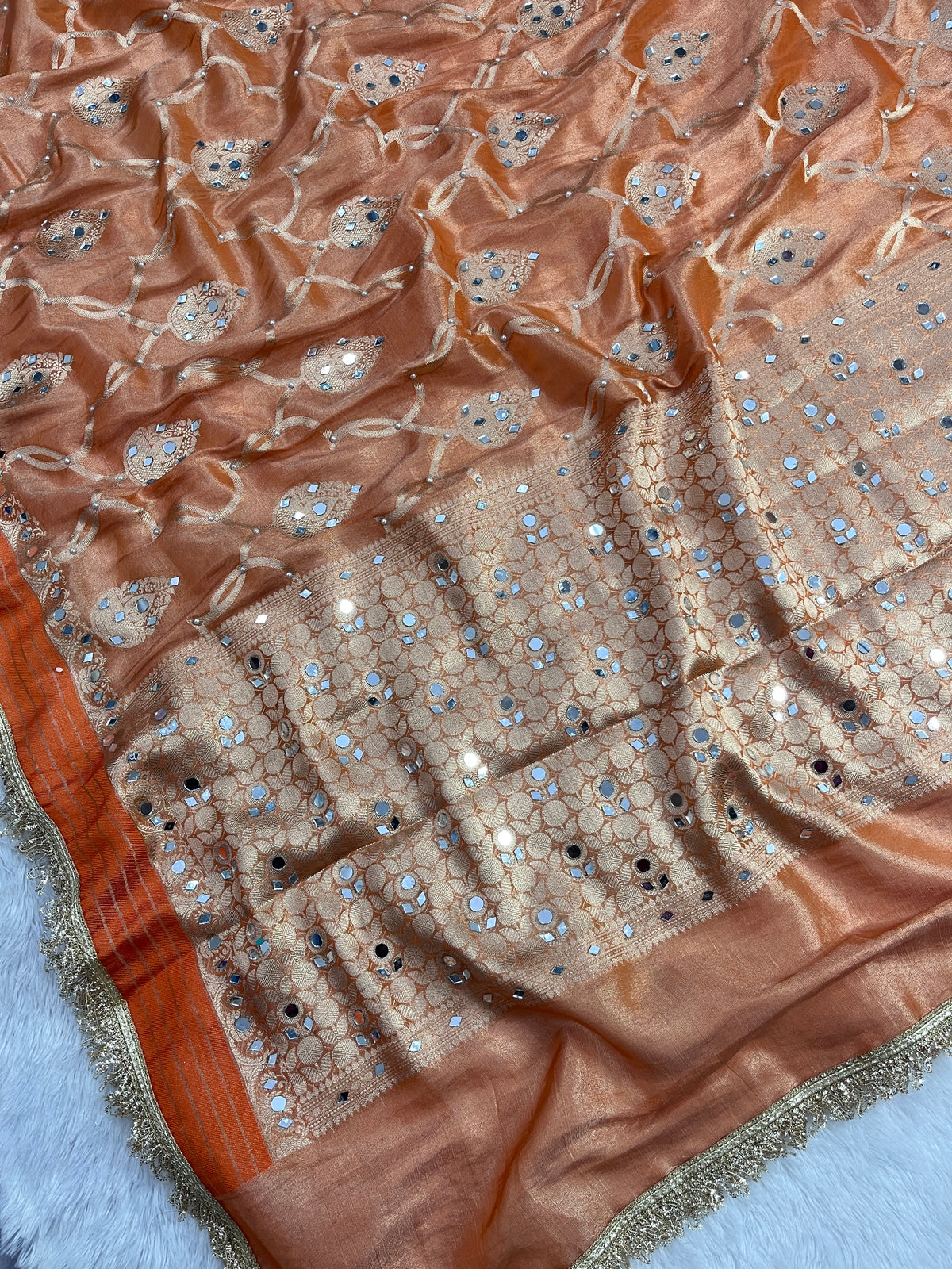 Orange Tissue Katan Silk Saree With Mirror & Pearl Work Designer Border Lace Saree