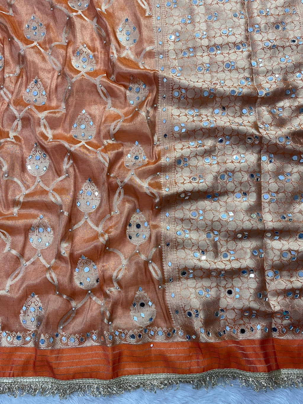 Orange Tissue Katan Silk Saree With Mirror & Pearl Work Designer Border Lace Saree