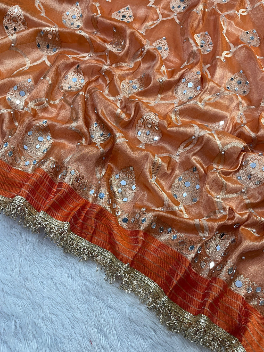 Orange Tissue Katan Silk Saree With Mirror & Pearl Work Designer Border Lace Saree