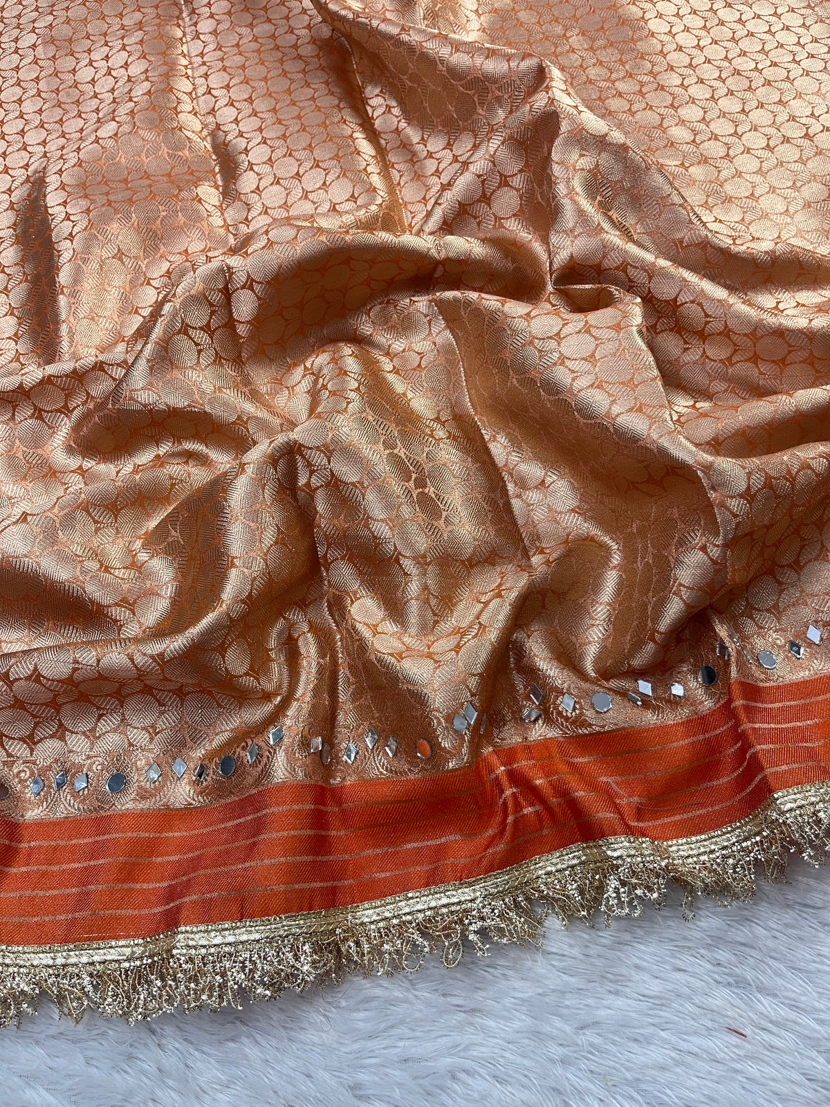 Orange Tissue Katan Silk Saree With Mirror & Pearl Work Designer Border Lace Saree