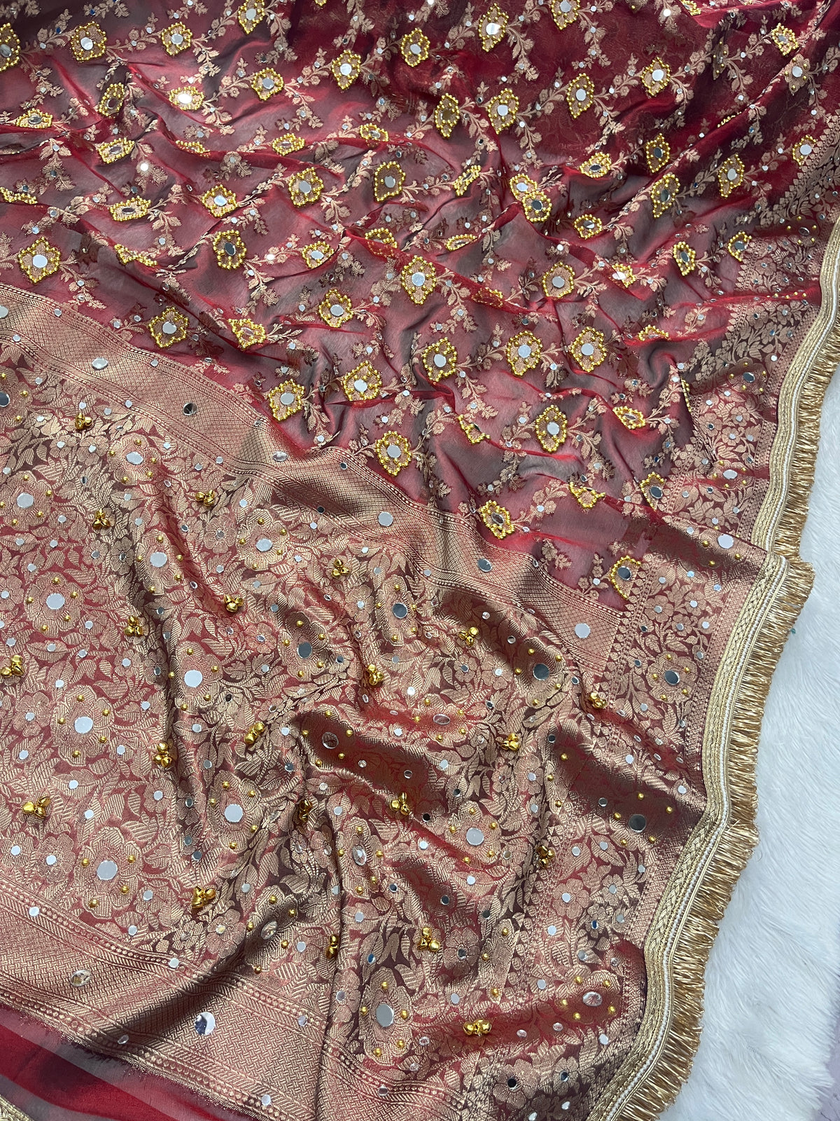 Maroon Tissue Silk Saree With Ghungroo & Mirror and Pearl Work Designer Border Lace Saree