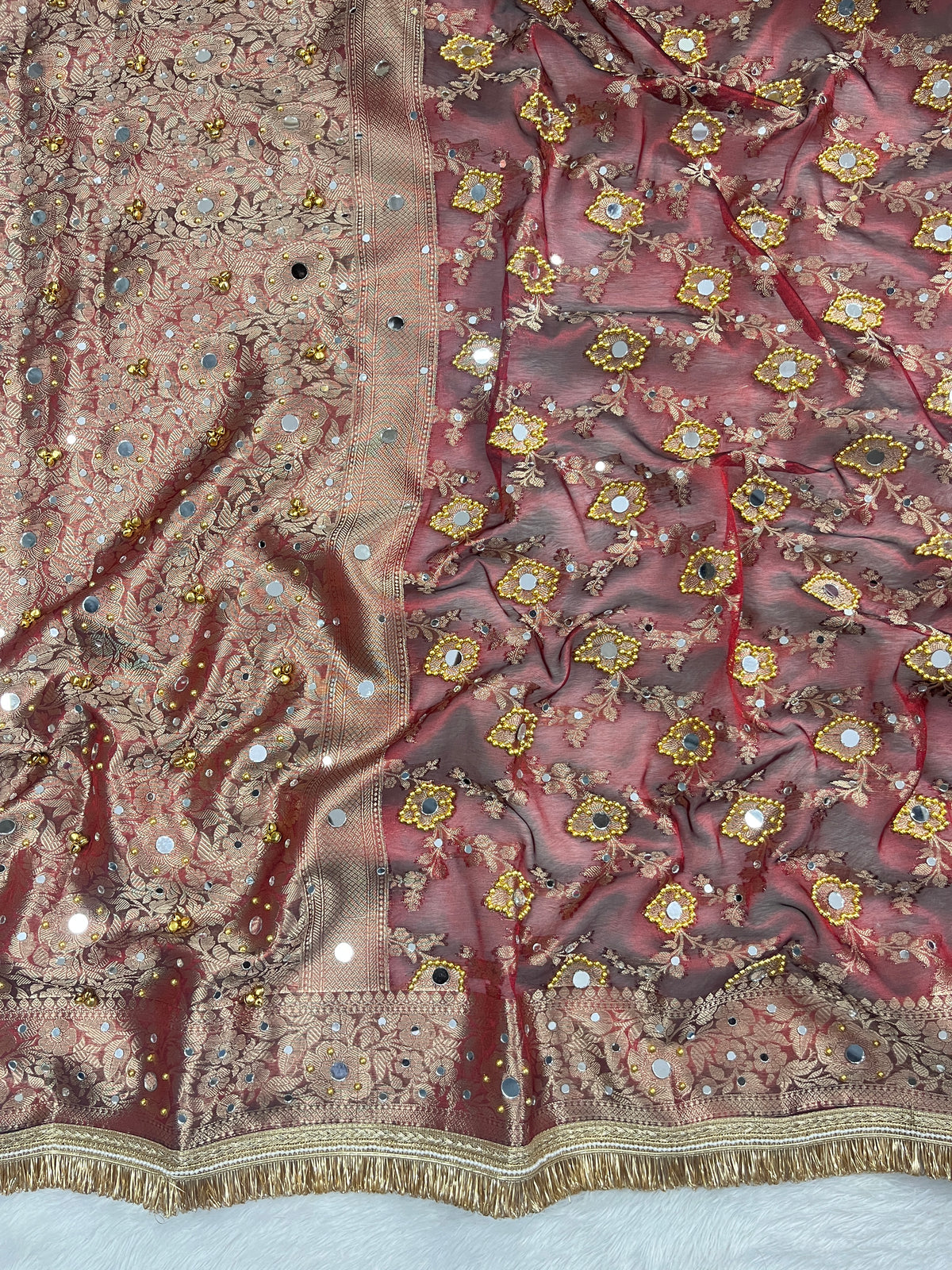 Maroon Tissue Silk Saree With Ghungroo & Mirror and Pearl Work Designer Border Lace Saree