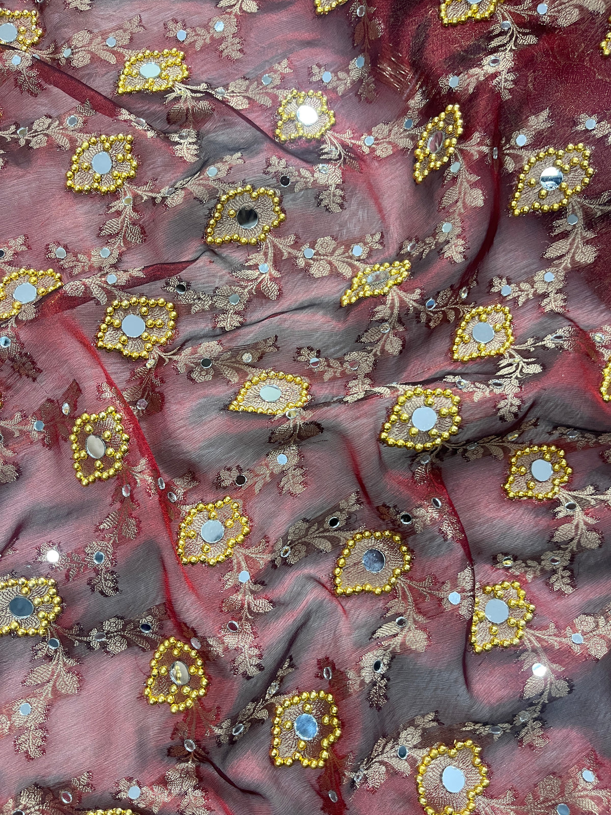 Maroon Tissue Silk Saree With Ghungroo & Mirror and Pearl Work Designer Border Lace Saree