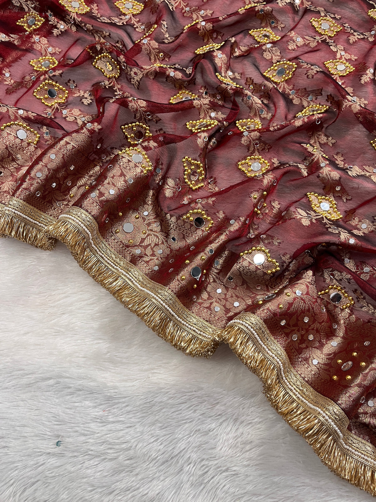 Maroon Tissue Silk Saree With Ghungroo & Mirror and Pearl Work Designer Border Lace Saree