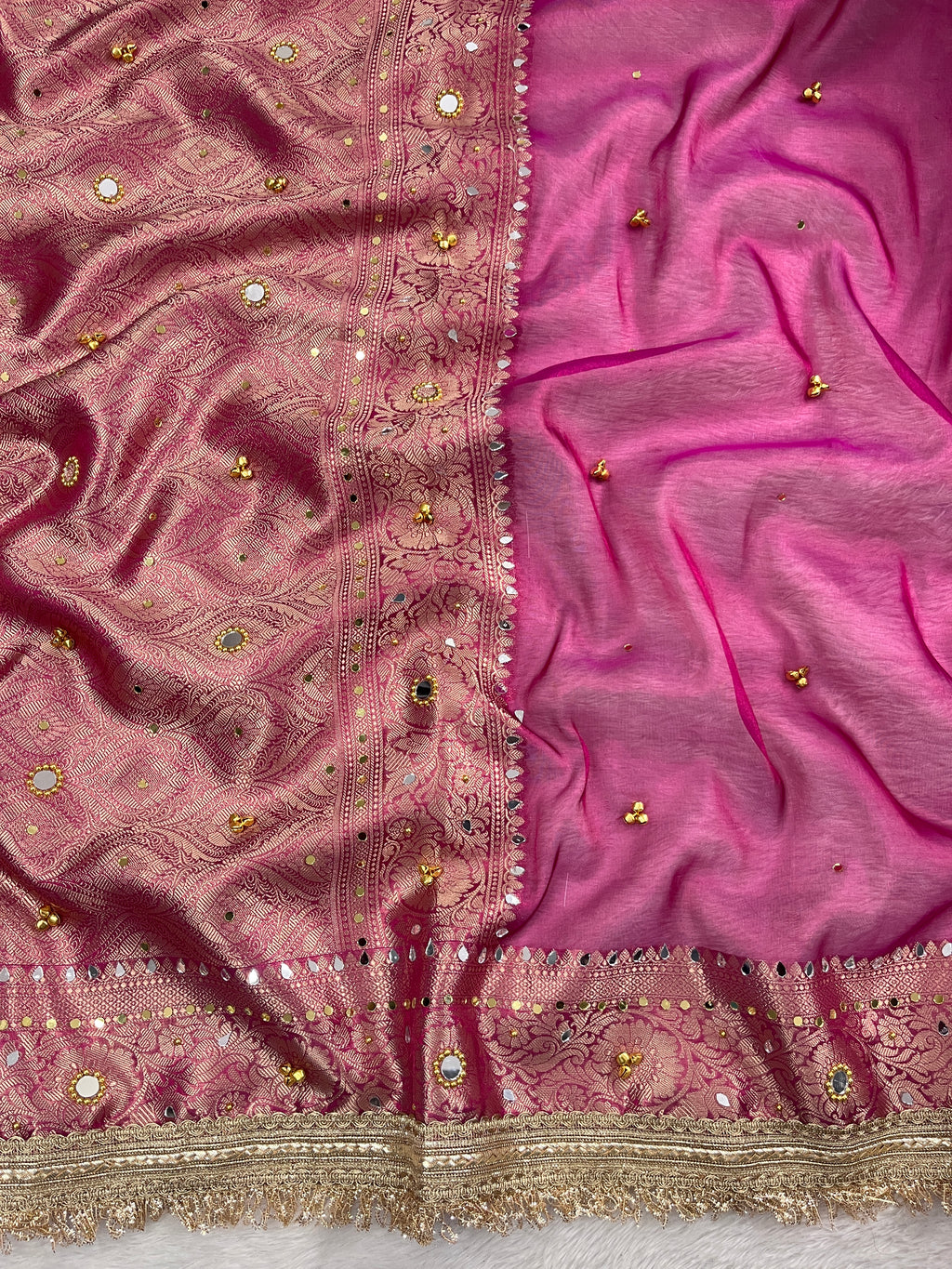 Rani Tissue Silk Saree With Ghungroo & Mirror Work Designer Border Lace Work