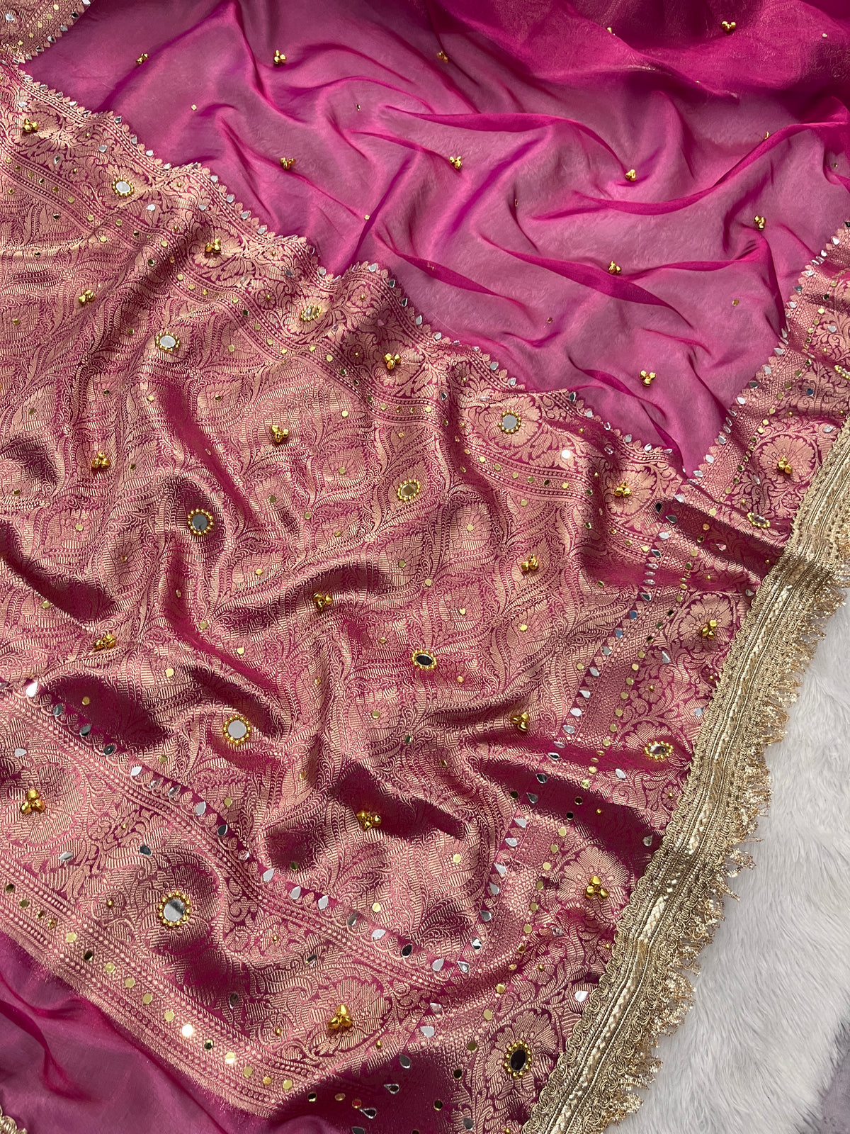 Rani Tissue Silk Saree With Ghungroo & Mirror Work Designer Border Lace Work