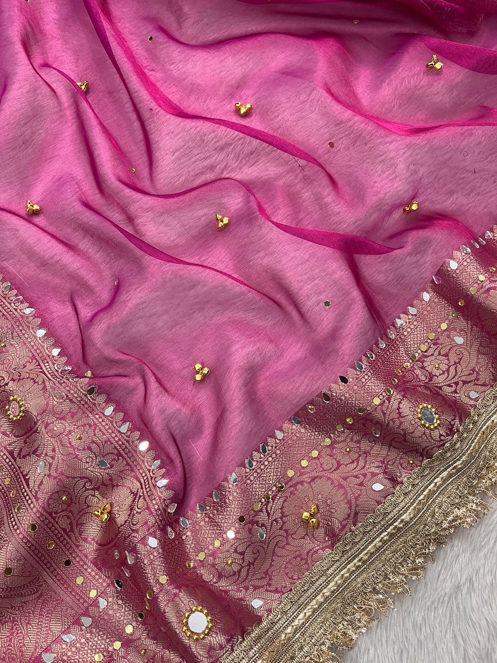 Rani Tissue Silk Saree With Ghungroo & Mirror Work Designer Border Lace Work