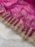 Rani Tissue Silk Saree With Ghungroo & Mirror Work Designer Border Lace Work